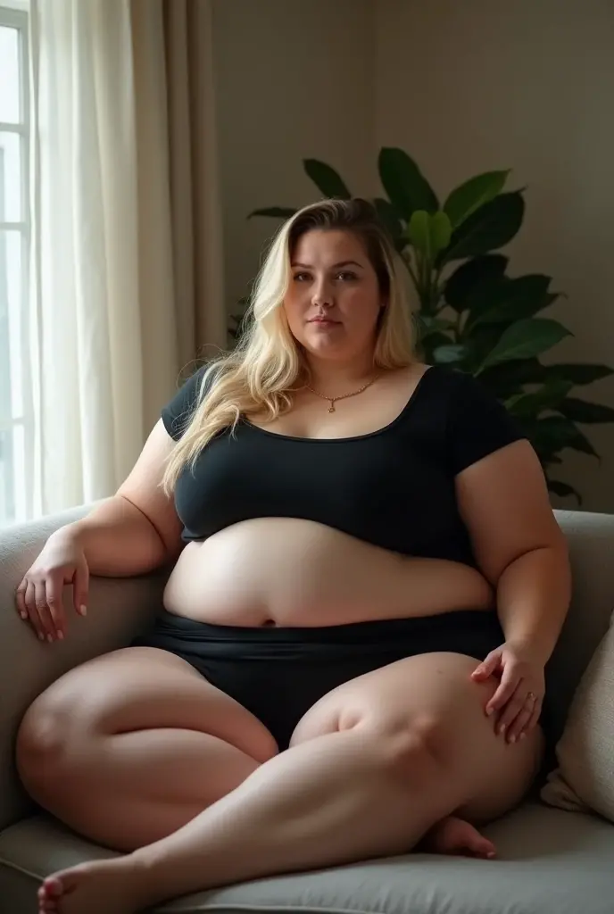 (best quality,4k,8k,highres,masterpiece:1.2),ultra-detailed,(realistic,photorealistic,photo-realistic:1.37),massive woman,giant belly,big butt,massive hips,exposed belly,blonde hair,straight and shiny hair,full face of makeup,bright blue eyes,plump lips,perfectly-shaped eyebrows,beautifully manicured nails,oversized white t-shirt,grey couch,soft and comfortable cushions,white wallpaper with subtle floral pattern,overweight,bottom-heavy,pleasantly plump physique,luxuriously curvy silhouette,lazy afternoon sunlight streaming through the window,relaxed and peaceful atmosphere.