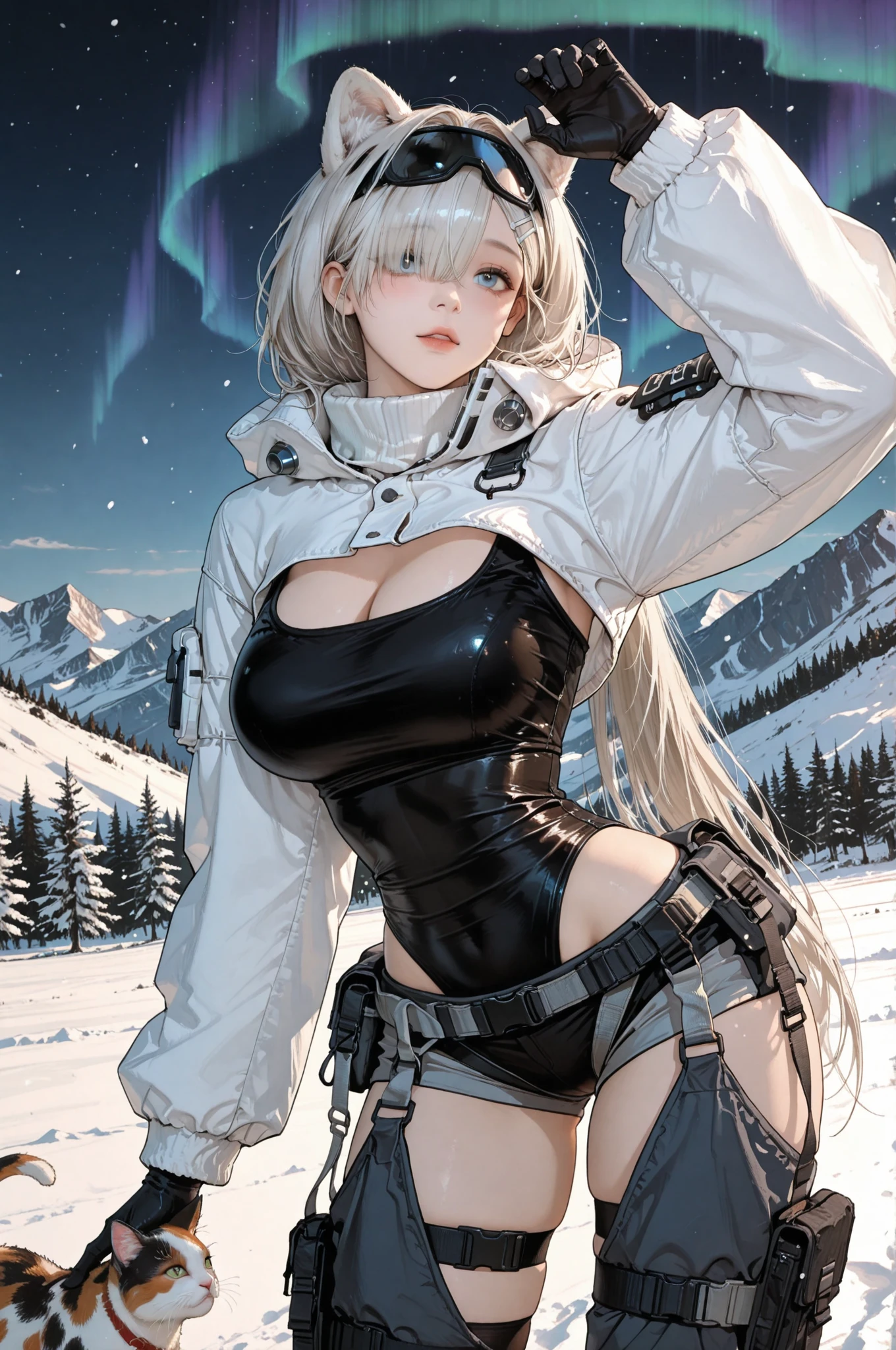 (photorealistic:1.5, highest quality,masterpiece,High resolution,muste piece),(sony a7, 35mm lens, f1.8, film gain),snow mountainに立つ1人の23歳の女性,cyber punk,bondage,(metallic string bikini swimsuit:1.5,Down jacket:1.3,choker), beautiful skin, (looking at the camera:1.2),(Photo seen from below:1.3),(Medium Hair:1.2,bright blonde:1.5), expression( Impish Smile:1.3,blushing:1.3),Pause( Seductive pose:1.5),background(snow mountain:1.5,ruins,apocalyptic world),(Medium chest,slender, abs:1.2), (Underwear visible through clothing),(Butt visible through clothes),(detailed perfect face:1.9),normal hands:1.5,normal finger:1:5,normal feet:1.5,(cameltoe)