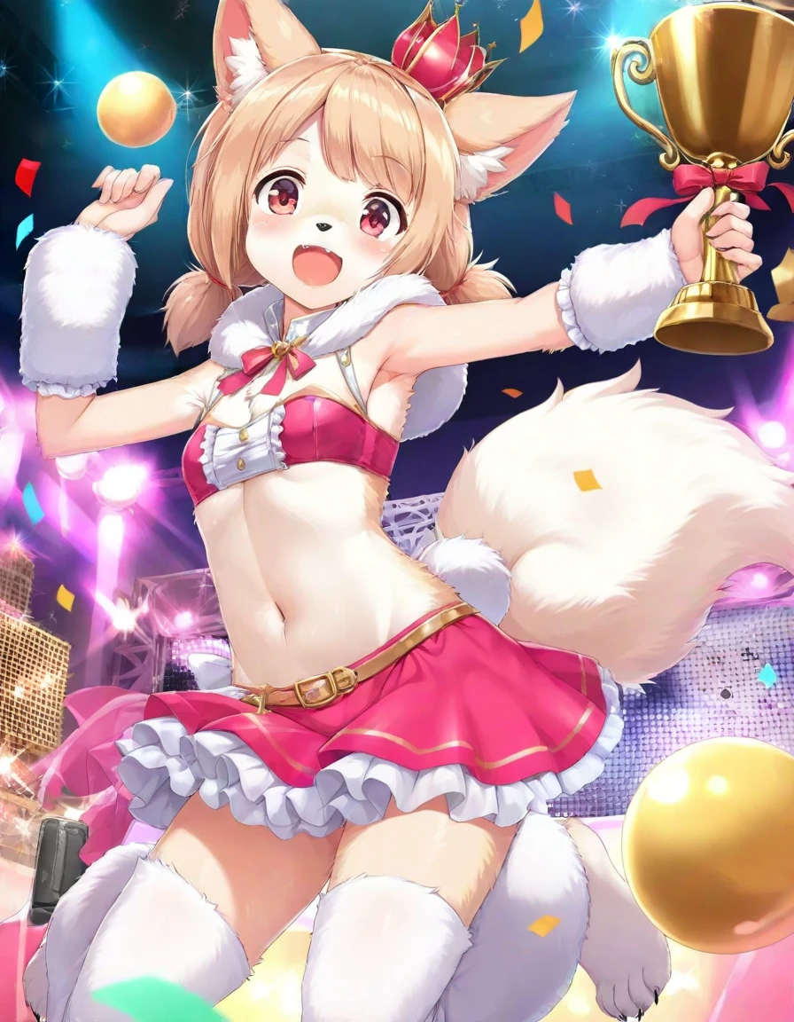 boy, squirrel, furry, bodyfur, tail, collar, bra, ??????????, gloves, boots, chibi, sparkling eyes, ?????, ?????????, idol, dancing, singing, hair bow, happy, full body, spread legs