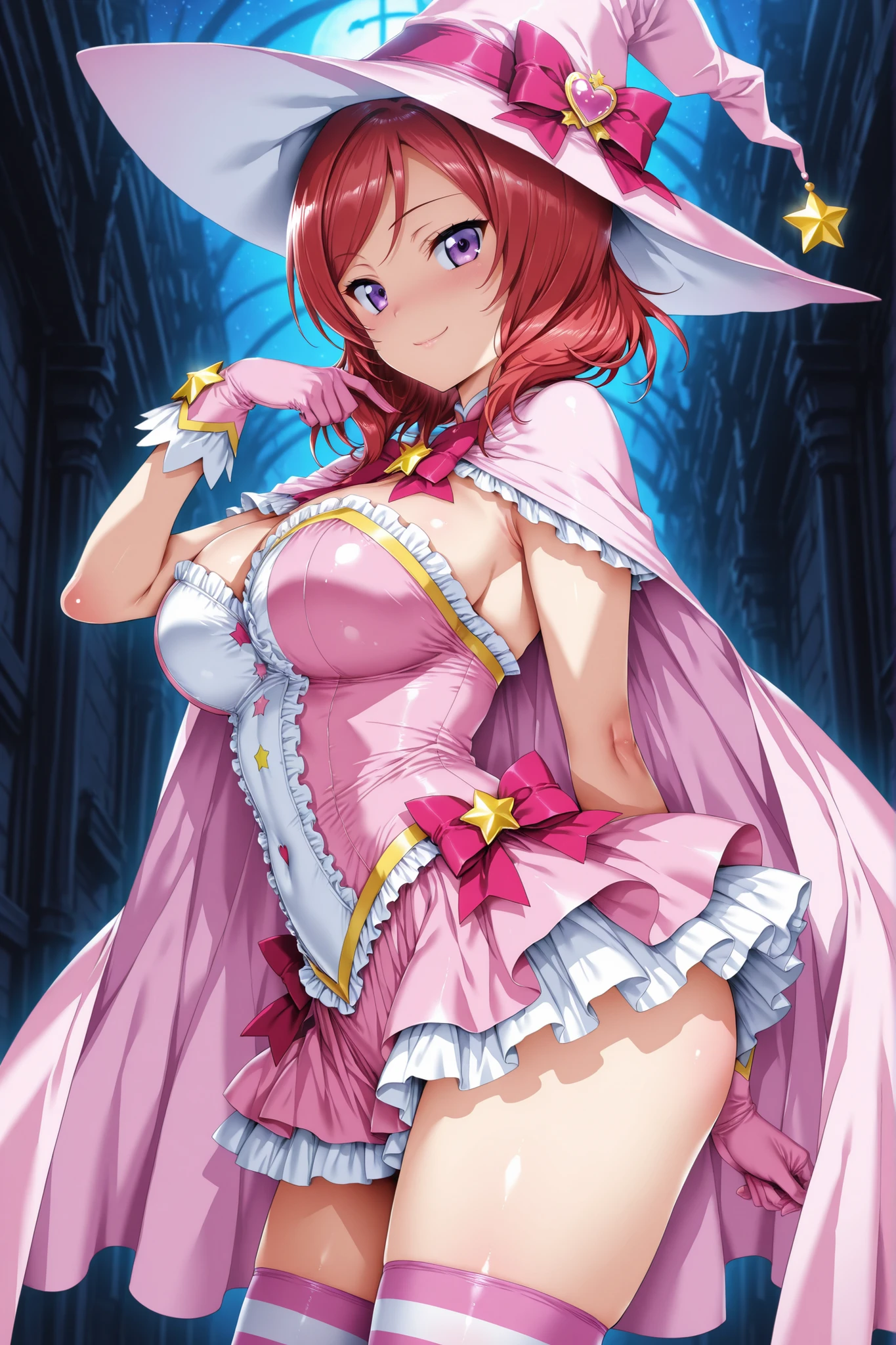 1girl,solo,cowboy shot,standing,(pink hair:1.6),(long hair:1.1),ahoge,hairs between eyes,curly hair,(brown eyes:1.4),(beautiful fingers:1.4),(perfect anatomy:1.4),(arms_behind_back:1.8),(cold_shoulder:1.2),(pink silk lace glossy lamé nurse uniform:1.6),(pink pencil mini skirt:1.4),(latex luster shiny glossy metallic:1.6),(shiny_clothes:1.6),masterpiece,best quality,(Ultra high definition eyes:1.2),8k,(Beautiful detailed eyes:1.2),(Fine and beautiful eyes:1.2),(pretty eyes:1.2),finely detail,extremely CG, absurdres,high resolution,illustration,Detailed and beautiful outlines,finely detail,high resolution,(colorful refraction:1.4,Increase saturation:1.2),beautiful lighting,dynamic lighting,closed room,black background,simple background, smile,looking at viewer,shamiko,(curled horns:1.6),(demon tail:1.2),(white Clear PVC sheets sleeves:1.4),(sheer sleeves:1.4),(see-through sleeves:1.4),(wide sleeves:1.2),(pink thigh boots:1.2),