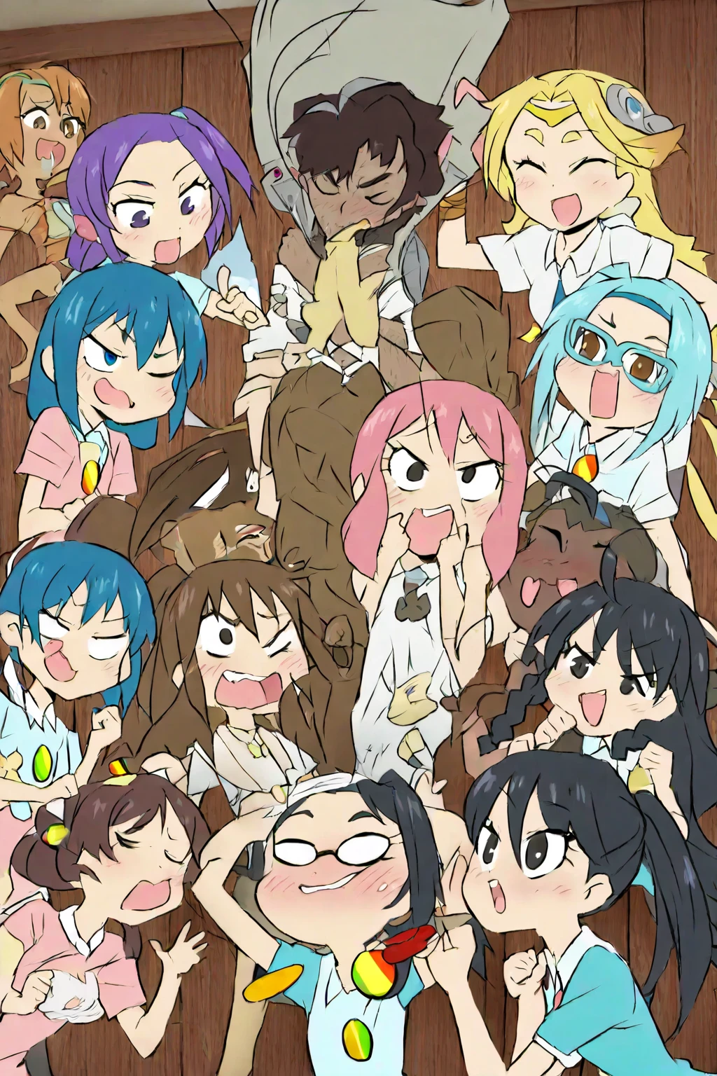 nudist girl squatting、Lots of friendly elementary school boys hugging each other、surround each other's faces、Laughter and joy、longshot、Group Selfies、In the tent、Intense shame、Leaning forward、nsfw