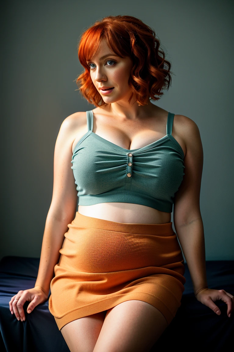 Realistic photo of a beautiful chr1sh3n woman,  1girl, solo, breasts, short hair, blue eyes, skirt, orange hair, large breasts, cleavage, (huge pregnant), jewelry, sitting, pantyhose, arm up, lips, ring, pencil skirt, realistic, soft lighting, professional Photography, Photorealistic, detailed, RAW, analog, sharp focus, 8k, HD, DSLR, high quality, Fujifilm XT3, film grain, award winning, masterpiece