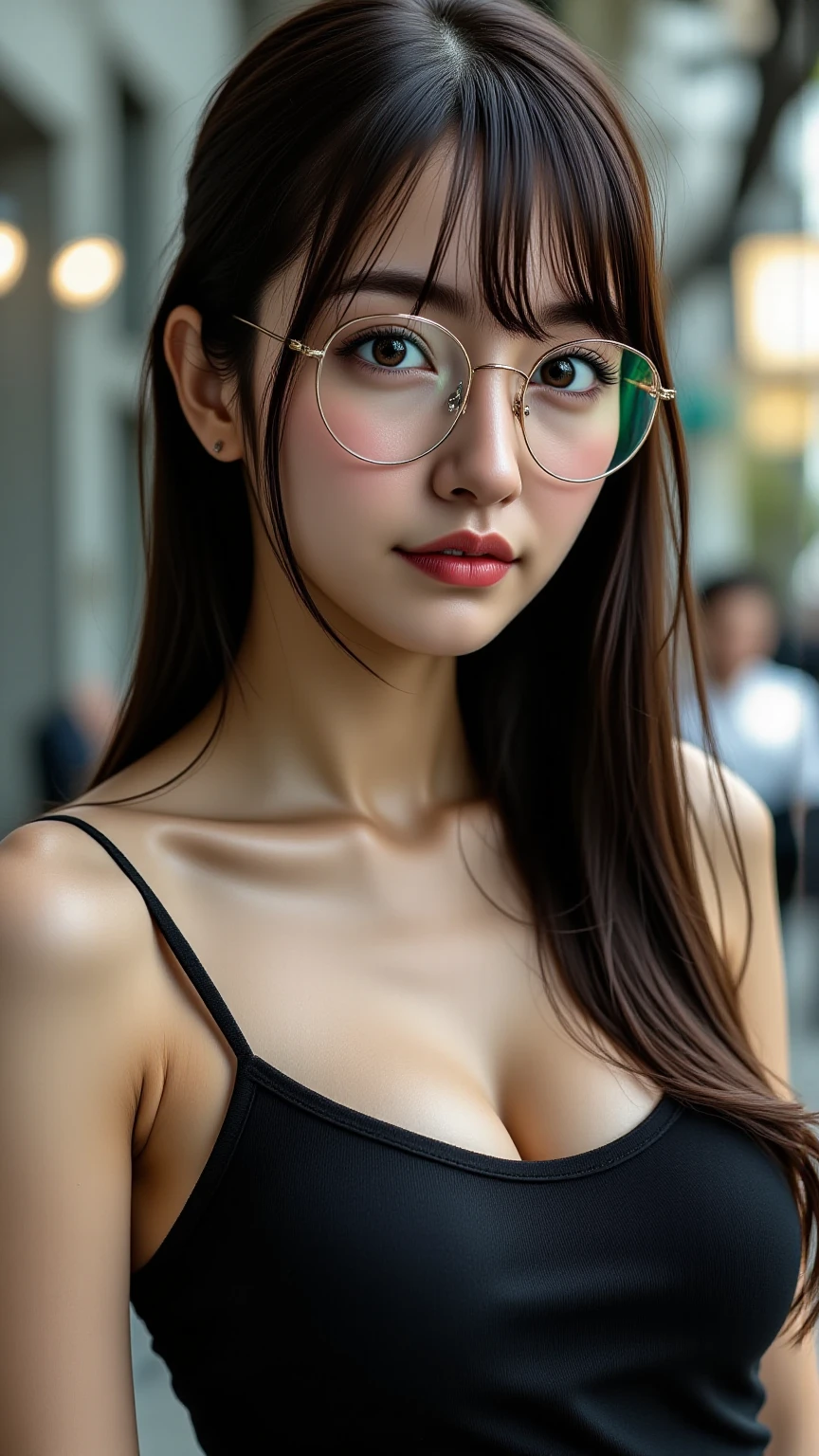 (masterpiece, highest quality, High resolution,8K, RAW images), A beautiful and simple 35-year-old Japanese woman, Wearing glasses, Beautiful long shiny black hair, snappy bangs, shiny face, shiny skin, Depth of written boundary, chromatic aberration, caustics, natural shading, kind, smile, Small devil,cute face, thighs, film grain, chromatic aberration, sharp focus, face light, detailed face, background bokeh, huge breasts, slender body, Feminine and understated outfits for spring, blowjob face, Open your mouth and stick out your tongue, He kneels on the ground and looks up at me., Back alleys of Shinjuku at night, full body portrait, Top-down angle