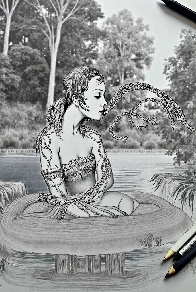 (comic art style), sketch of a silhouette of a woman, medusa, bald, hairless, snakes on head, lower body snake tail, snake woman hybrid, rear view, full length, snake dress, sketchbook, dark, gritty, realistic sketch, rough sketch, mix of dark bold lines and loose lines, hand drawn sketch, pen and ink line illustration, candid, ((art style "Sean Gordon Murphy" comic drawing, splash panel)), full body portrait, (body, Naga, snakefolk, lower body snake tail, snake woman hybrid, bald, hairless, skeleton, body drawn in Frederic Delavier musculature anatomical illustration art style, snake skin tattoos, piercing eyes, snake pupils), snake skin dress, ((colors, forest green to earth brown, merge bleak muted deep fiery radiant glowing ROYGBIV:1.1)),