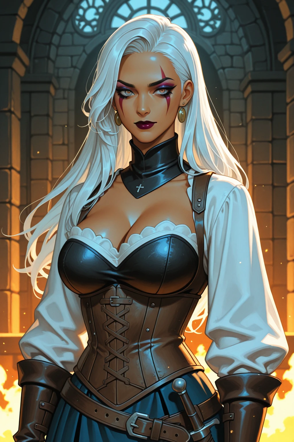 a close up of a Cartoon style GTA style digital illustration sitting on a fence with a bat, Morrigan Aensland, morrigan, estilo artegerm, artegerm extremamente detalhado, estilo artegerm, modelo uniforme | artegerm, in the estilo artegerm, da liga das lendas, samira da liga das lendas, personagem de liga das lendas, style of artegerm vibrante que contrasta com Turnaround sheetsua pele clara. - You reflect a mix of curiosity and determination. - Ela tem uma estatura alta, with a slender and agile figure, evidenciando sua agilidade e destreza. -fundo colorido Design de personagens de retrato, beautiful digital illustration, retrato de alta qualidade, Arte em quadrinhos, Corpo inteiro sensualizando ou pelada. folha de retorno. member return leaf clothes of the day hellish day expression love wearing sadomasochistic clothes Character pose random scenery Style Yvonne Strahovski Cartoon style digital illustration colorful background diverse attractive woman sesy medium breasts beautiful witch clothes in symmetrical, female girlfriends pose beautiful breasts in cartoon style beautiful and dynamic snow white digital illustration together with cinderella with body in symmetry a beast with a corset and a beautiful sorceress, cabelo loiro, Magia, cabelo curto loiro, estilo fantasia, vestido loiro, sorriso loiro, detalhado blue eyes, detalhado brown eyes, revelando o manto assassino, Magia robe, D&D, The cloak is made of origami, Weilding, sprinkle of times, detalhes intrincados, realista, octane rendering, Focado, detalhado, photorealista, hiperrealismo, 4k