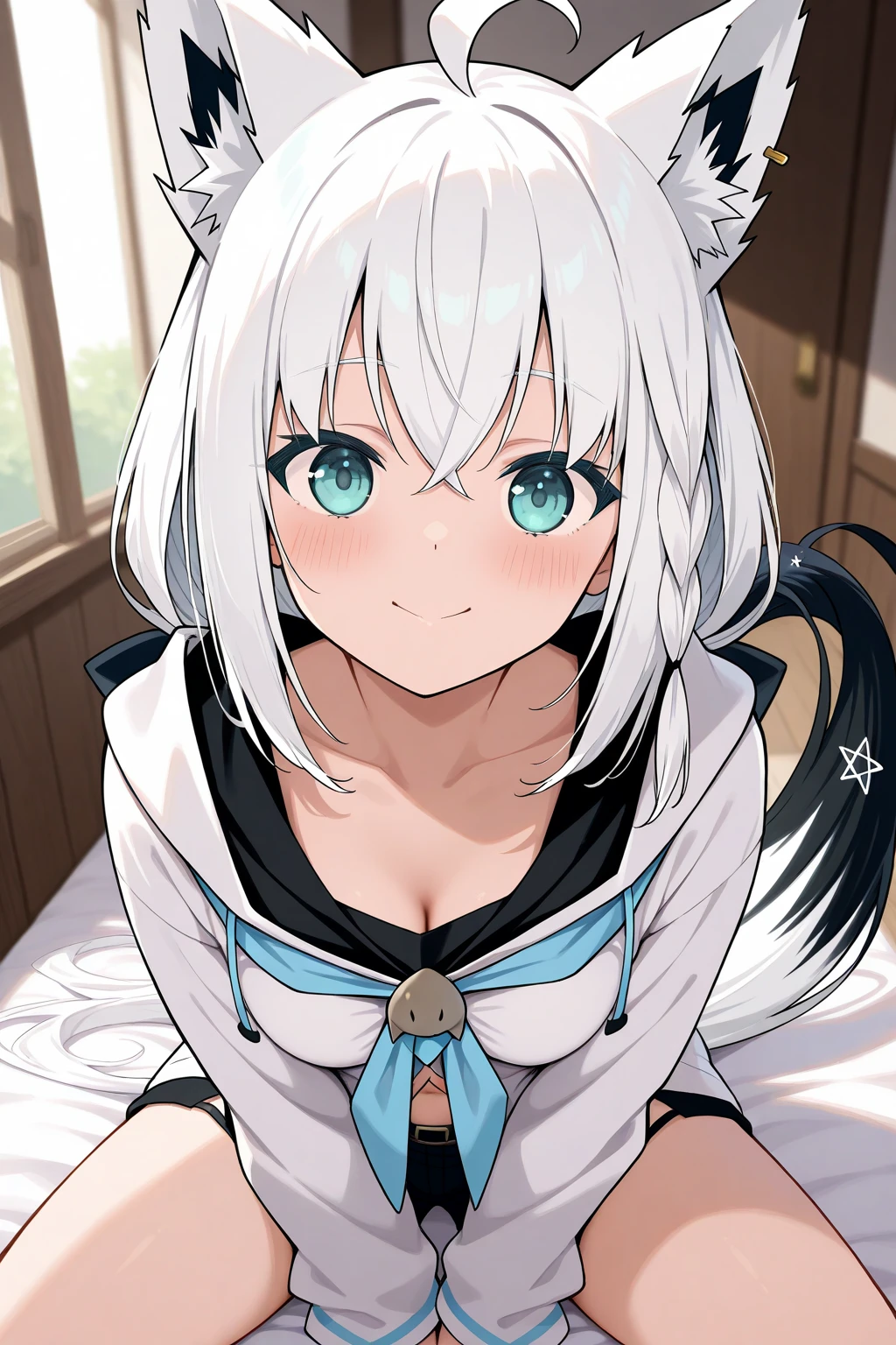 2d, masterpiece, best quality, anime, detailed eyes, detailed face, 1 girl, solo, <lora:shirakami fubuki:1>, shirakami fubuki, (white hair), medium hair, aqua eyes, fox girl, fox tail, fox ears, ear fluff, small breasts, braid, (single braid), (side braid), white shirt, blue ribbon, neck ribbon, (white sleeves), (detached sleeves), wide sleeves, happy, smile, bed, laying on bed, under sheets, bed invitation, <lora:bed invitation:0.5>