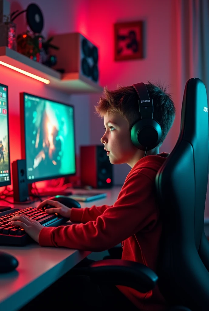 Create A 3D Realistic image of a Boy sitting in gaming room on gaming chair and playing on Free Fire application on his pc. The boy must wear dark blue hoodie headphones And his name "NOYON CB" is Written on the wall with orange colour neon light.