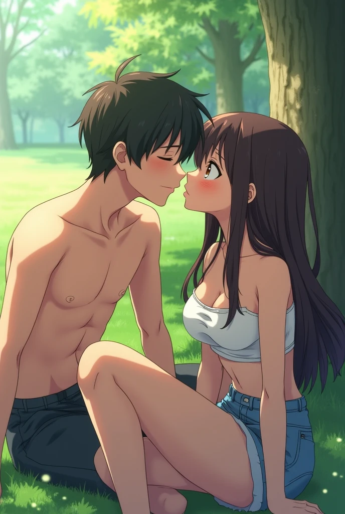 Create a anime style landscape image. A girl with black hair and brown eyes having nude sex with a boy with brown hair and green eyes 