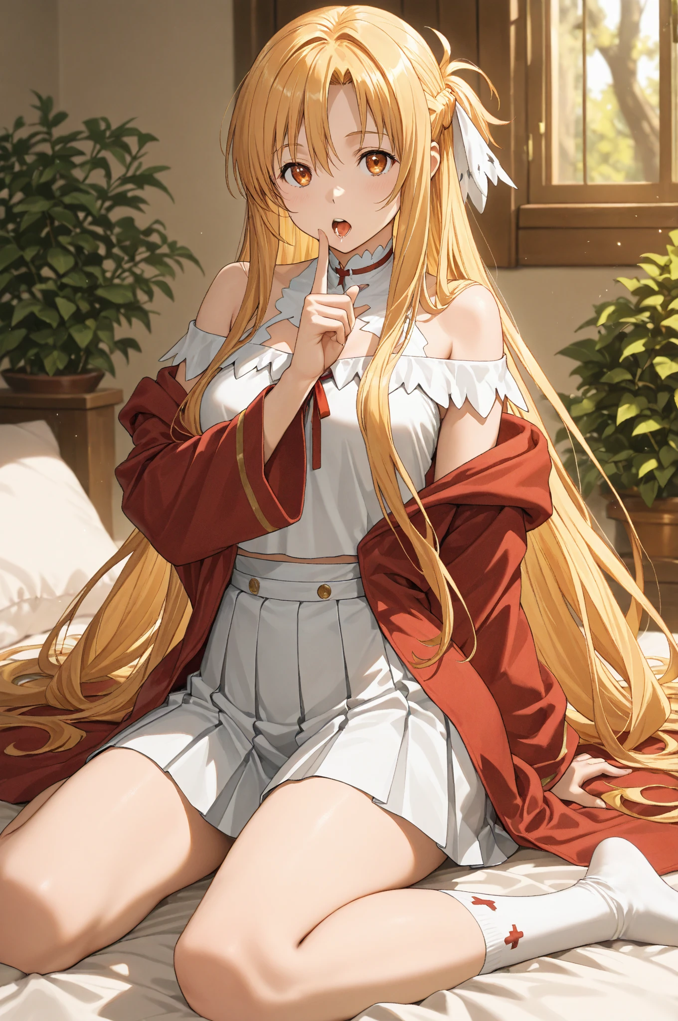 solo, light almond hair, long hair, dark pink eyes, sweet smile, subtle blush, large chest