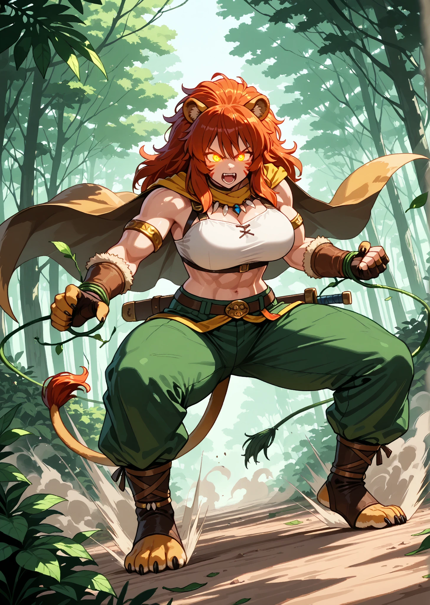 masterpiece, best quality, bofKatt, green eyes, red facial marks, collar, cat tail, bustier, cleavage, looking at viewer, looking at viewer, furrowed brow, :D, fangs, incoming hug, outstretched arms, pov, field, forest <lora:bofKatt-nvwls-v1-000010:0.8>