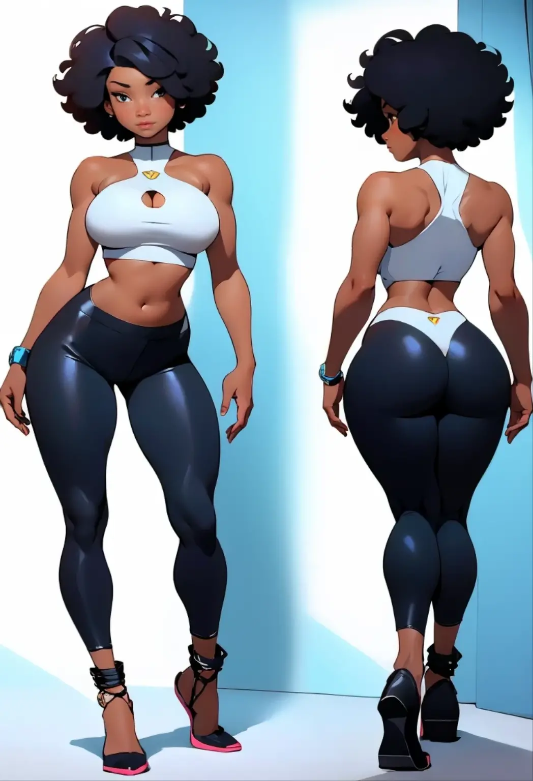 afro american girl, dark skin, behind view, afro haircut, 1 girl, solo, (black leggins) (crop tank top, cleavage), sleveless, medium perky , wide hips