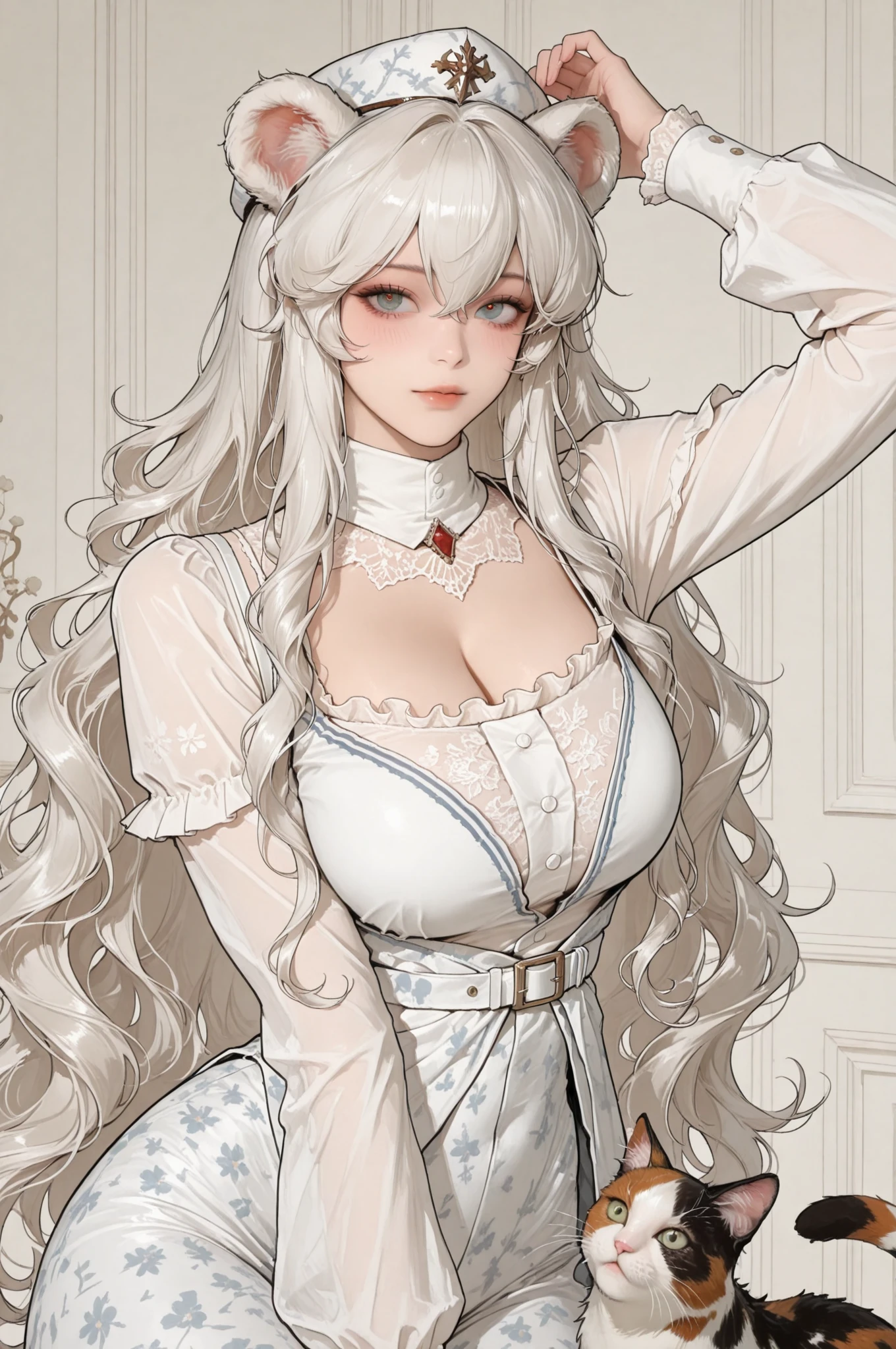 pale skin, silver eyes, a gorgeous woman, mature woman, perfect skin, long hair, curly hair, silver hair, curly, perfect hourglass figure, (curvy body), ((makeup)) large breasts:1.2, (Compressed chest:1.3), (tempting body), create an image of a fantasy character wearing a white fantasy maxi dress that outlined her seductive body, makeup, lipstick, necklace, character in the middle, standing