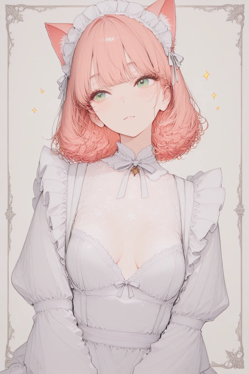 (masterpiece, best quality), beautiful woman, wavy hair, assymetrical bangs, intricate lace lingerie, perfect face, beautiful face, alluring, big gorgeous eyes, medium breasts, soft smile, blush, perfect slim fit body, luxury bedroom, bright colors, (risograph)
