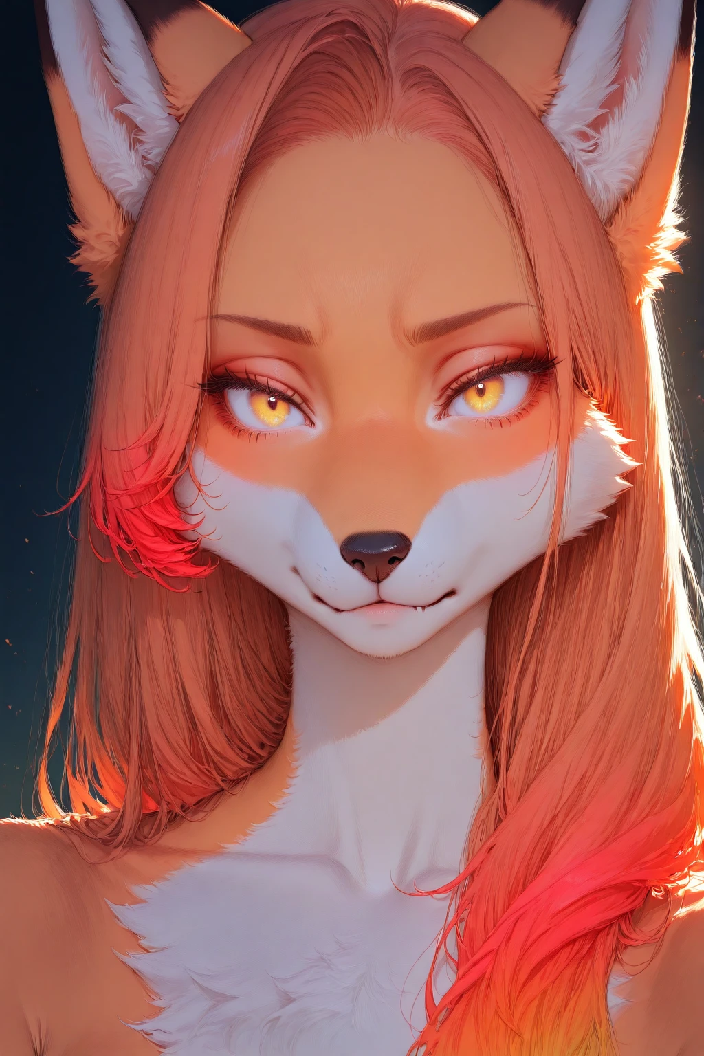 , anthro, mammal, solo, canid, canine, fox, fur, collar, female, hair, red hair, white fur, white stripes, hi res, orange body, orange fur, bust portrait, breasts, looking at viewer, simple background, detailed, portrait