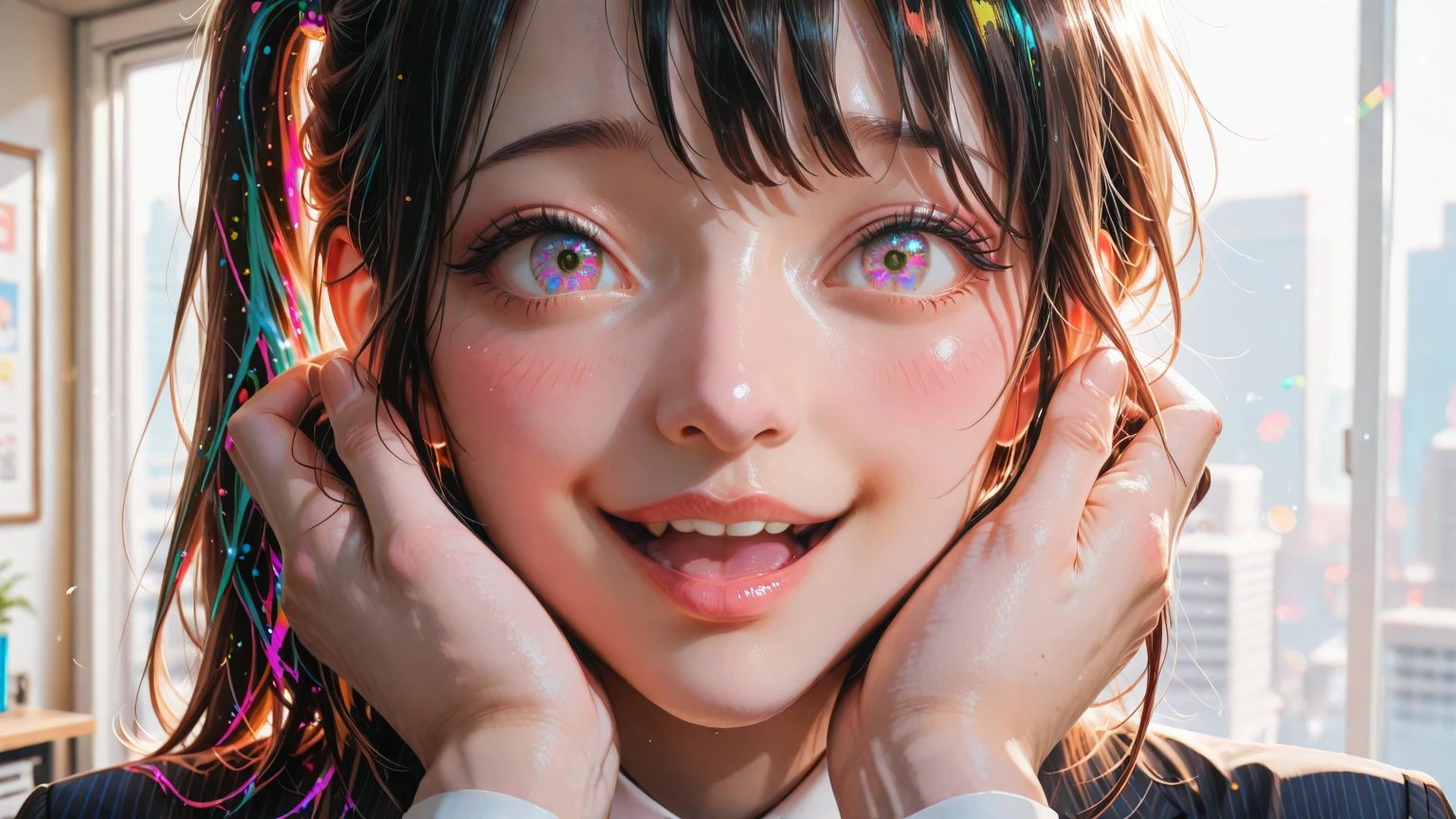 8 year old Japanese girl naked,Upper Body,Arms raised, close-up, sparkling eyes, excited face'Eyes wearing silver-white mirrored lens sunglasses、I looked at the world reflected in the lenses of my sunglasses..(Side Pony,Colorful Hair),