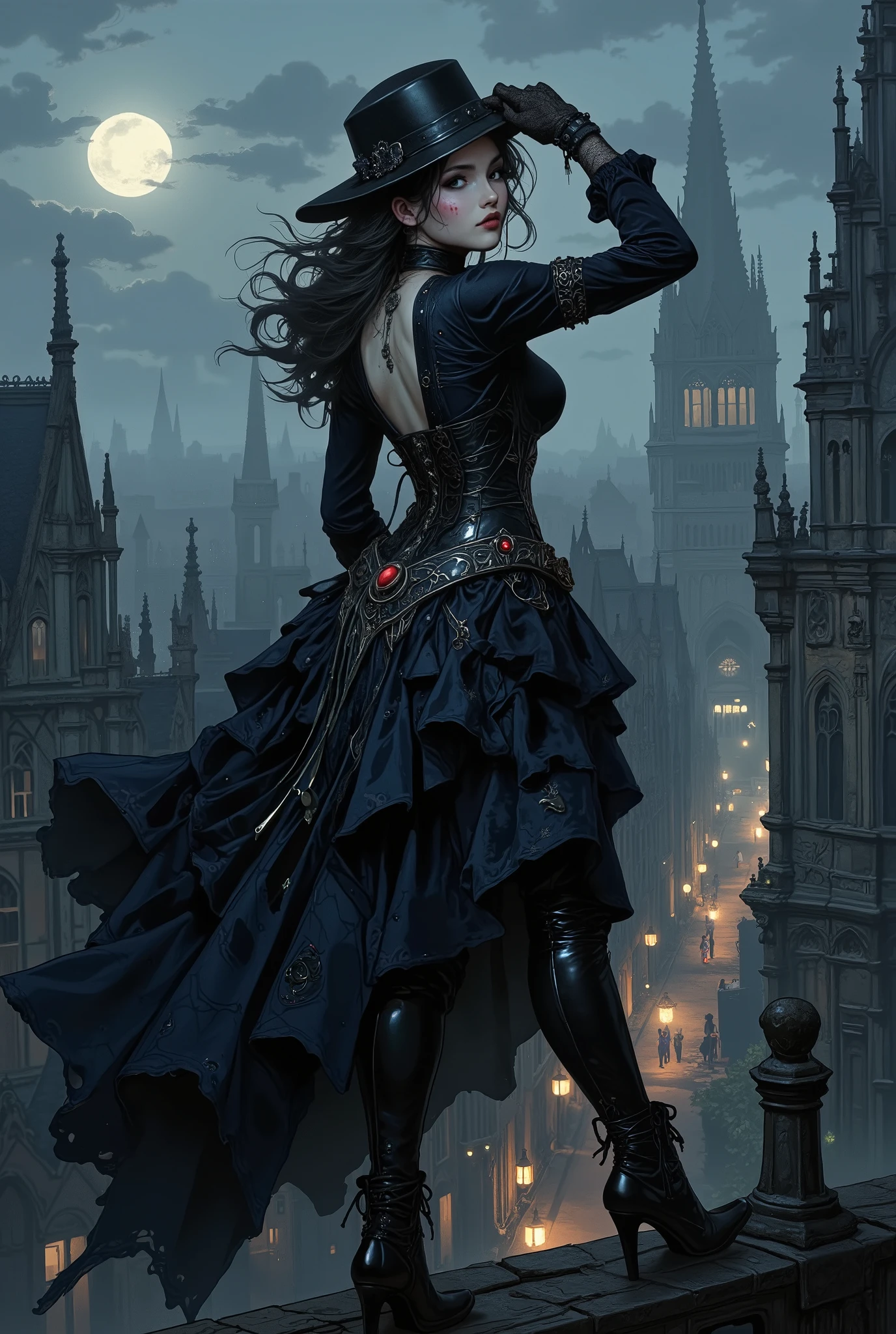 A young woman with a mysterious, mystical beauty stands on the edge of the roof of an ancient Gothic cathedral, turning in profile to the viewer. Her face, illuminated by the cold moonlight, seems to be carved out of marble – high cheekbones, a straight nose with a slight curve, full, slightly smiling lips. Long eyelashes cast shadows on her cheeks, and her eyes, dark as black amber, reflect the lights of the city. Her jet-black hair, gathered in an intricate hairstyle, flutters in the wind, and she gracefully holds her wide-brimmed hat so that it does not fly away. Her lace-gloved fingers grip the brim of her hat with exquisite grace, exposing her slender wrist. She is dressed in a stunning Victorian-style dress with Gothic elements: a corset made of black velvet, tied at the back with silver cords, with embroidery in the form of a spider web, embroidered with dark blue silk. The skirt, layered and voluptuous, sways in the gusts of wind, revealing fleeting glimpses of lacy petticoats and pointed toes of patent-leather heeled boots.Around her neck is a necklace with a blood-red stone that shimmers like coals in ashes.Behind her lay the night city, a sea of pointed spires, arches, and narrow streets obscured by haze. The windows are lit with a dim yellow light, the lanterns flicker like fireflies in the fog. The wind is driving ragged clouds across the sky. The camera catches her in the moment between actions – she just looked back, as if she felt someone's gaze. Her posture is full of hidden tension, as if she is ready to take a step into the abyss. The style is Gothic romanticism with steampunk elements.