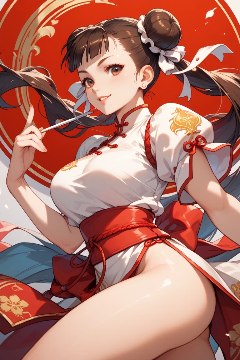 1girl, rabbitfolk, fantasy race, slutty revealing outfit, rabbit ears, rabbit tail, anthro rabbitfolk, martial artist, posing, black hair, anthro, anthro face, monk, hair ornament, bun, big breasts,
