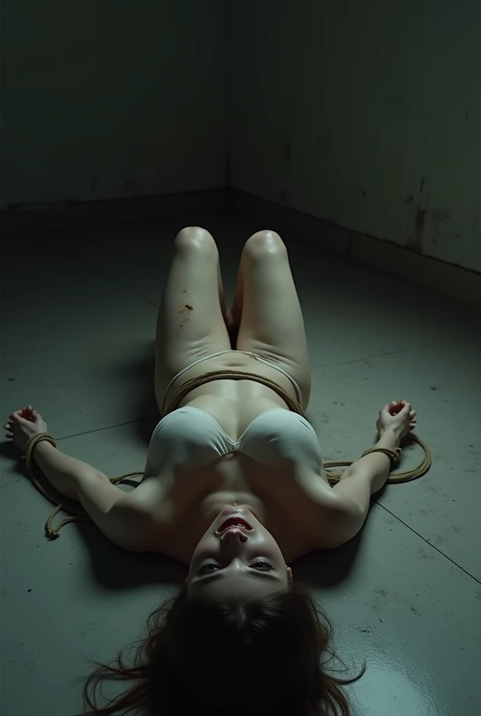 Japanese　30-year-old woman　Ayase Haruka　Big Breasts　Slightly chubby　The woman is on the operating table.　Fainting　close your eyes　Lying down wearing only a white, tiny panty.　The woman is bound and secured to the operating table with ropes around her body, wrists, and ankles.　Tentacles are coming to attack the woman.