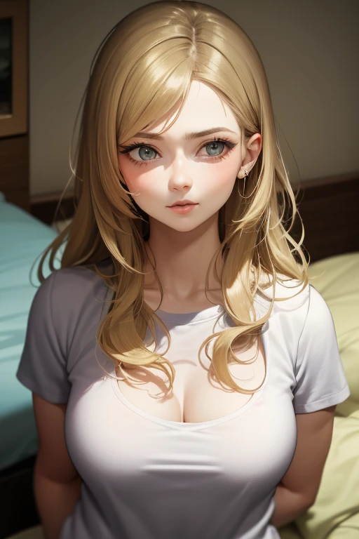 (best quality, ultra-detailed, realistic:1.37),beautiful detailed eyes,beautiful detailed lips,long eyelashes,perfectly styled hair,gorgeous makeup,sexy seductive gaze,intense blushing,sensual appearance,oversized sweater,natural light,window,beautiful face,bed,pillow,viewer.