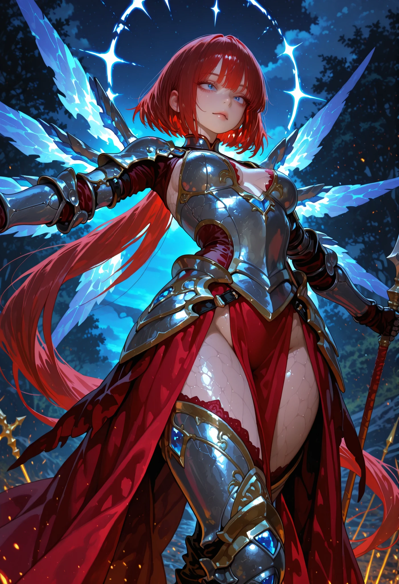 master piece, best quality, ultra hires, 8k, , very long long ponytail red hair,,,beautiful detailed blue eyes, night, medium breasts, short hair, armor, boots, Spear, spread arms, realistic skin,,natural skin texture,,intricate skin details,,
Isekai world.
