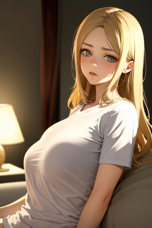 ((best quality)), ((masterpiece)), (detailed), smug face, perfect face, blonde straight hair, bangs, green eyes, freckles, blush, white loose tank top, black leggings,
on a couch eating popcorn, legs spread nude, nsfw