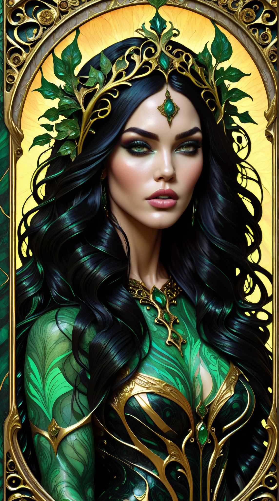 A painting of an androgynous man. He has an angular face, NO FACIAL HAIR, and green eyes. He has sharp eyebrows. His hair is long, straight, and black. He has tan skin.