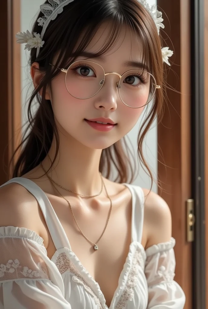 Highest quality, RAW Photos, Realistic, face, Incredibly beautiful girl, cute, length Hair,ponytail,Glasses,Written boundary depth, High resolution, 超detailed, detailed, Very detaileded, extremely detaileded eye and face, Sharp pupils, Realistic students, Sharp focus, Cinema Lighting, Japanese, Short Woman, Physical build, Short arms, length, Narrow eyes, Fleeting atmosphere, 10 years old, Brown Bob Hair, ((thin唇)), White top and bottom underwear, masterpiece, Highest quality, detailedな肌, detailedなface, fine grain, 8K, Excellent anatomy, Upper body portrait,flat breasts, small breasts, small,( small bust: 1.2), small bust, (slim, small, flat, small), thin, Delicate and sexy collarbone, One Girl, (beautiful girl, Delicate girl:1.3), (10 years old:1.3),