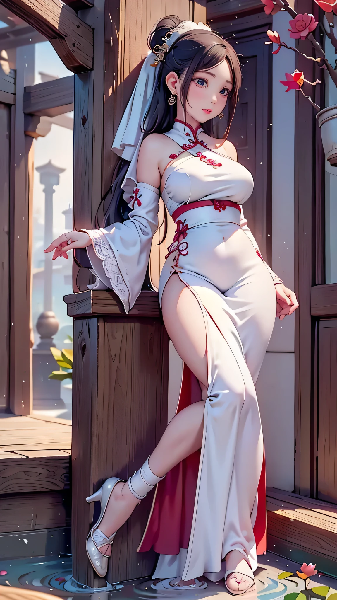1 female,35 years old,Slim,very big ,Big breasts and thin waist,long legs, solo,(background with:,cherry blossom forest,pond)stand, She has short black hair,View from the front, Twisted braid cloudy sky,(((masterpiece),(Very detailed CG Unity 8k wallpaper),best quality,light,detailed background,Beautiful and delicate eyes,bright pupils,black eyes,snow white skin,red lips(Very delicate and beautiful),(Beautiful and detailed eye descriptions),Super detailed,masterpiece,))face camera,high resolution,Super detailed),Xia,穿上未来派钢铁Xia机甲,blue and red color scheme,