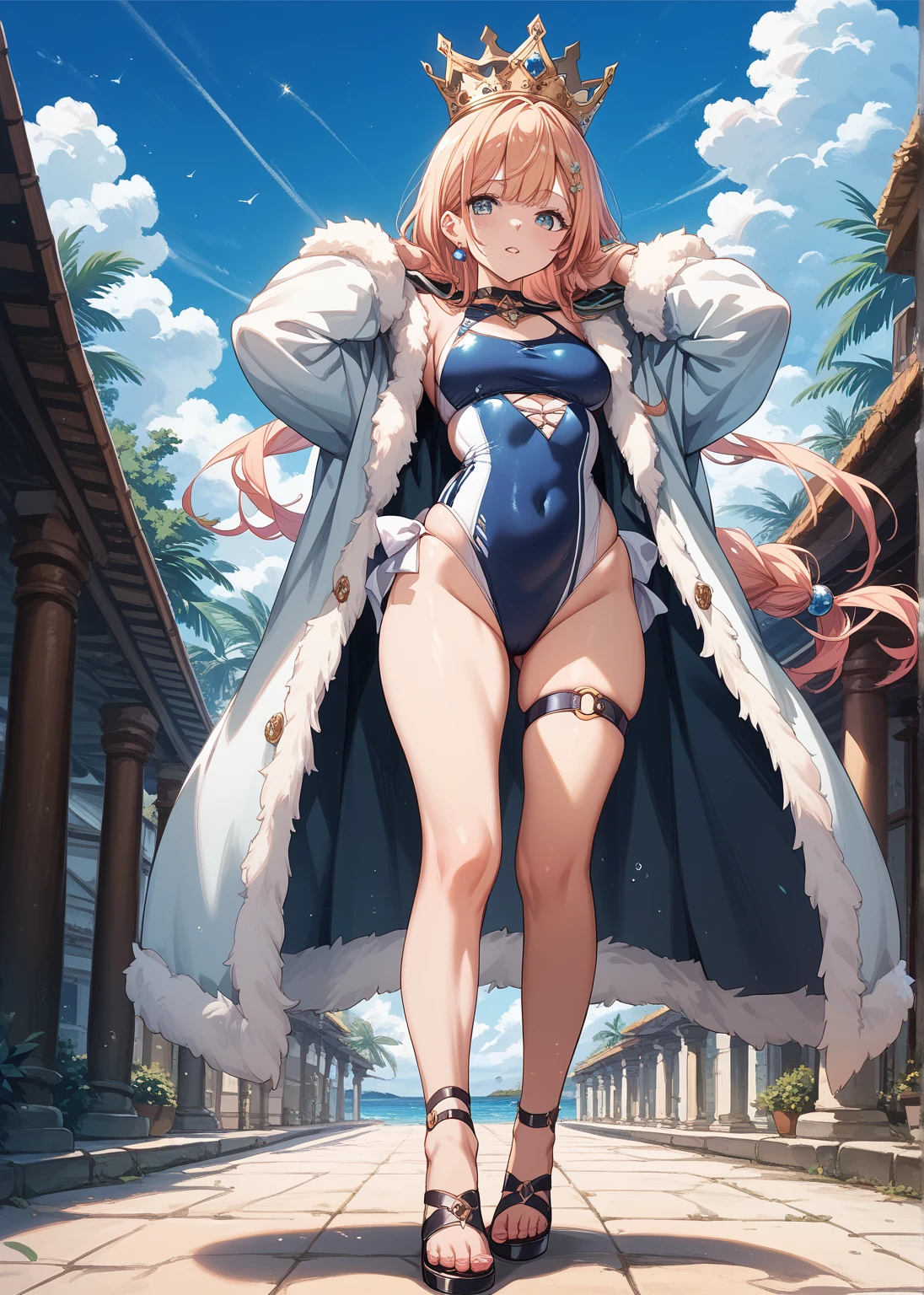 8k,masterpiece, best quality, highres,20-year-old,Sexy pose,ultra high res, best quality, dramatic, atmospheric,1girl, a very beautiful girl, glamour shot of girl, textured skin, florence_alicia,White_beret_aria_company_uniform,white_tankini_bikini, full body, nice hands, perfect hands, outdoors, ahegao,netorare,Pervert,Obscene,