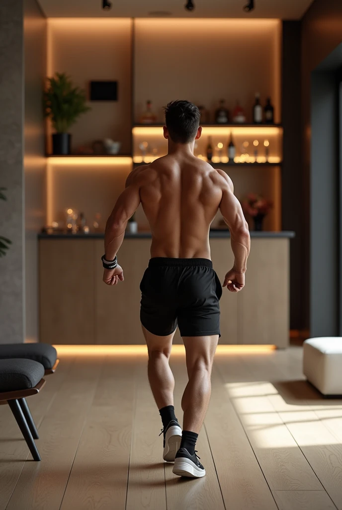 A naked muscular man in his house