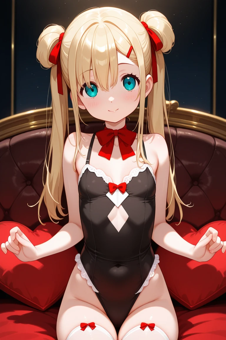 1girl, evil neuro-sama, (yuzu modoki), red eyes, light brown hair, ahoge, two side up, hair ribbon, dark red ribbon, heart hair ornament, asymmetrical legwear, black thighhighs, black kneehighs, (masterpiece, best quality), highly detailed, finely detailed, simple background, playboy bunny, rabbit ears, rabbit tail, detached collar, bowtie, wrist cuffs, leotard, cowboy shot, looking at viewer, from above, heart hands, on table, indoors, smuh, bokeh, wet,