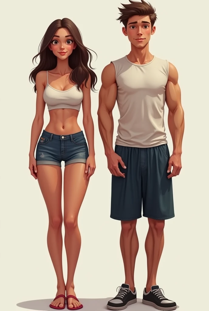 
 Generate a fair, tall medium masculine man with curly hair and a fair straight black haired short woman