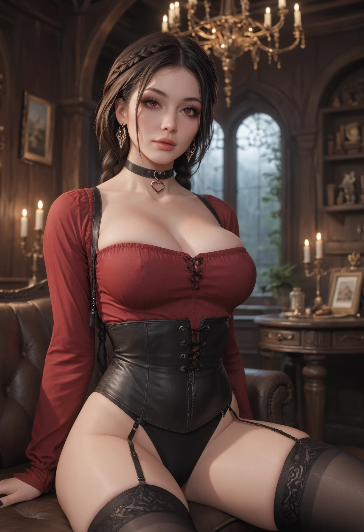 European woman, 30 years old, in.a fantasy world , a tavern , Medieval looking, Corset, Long dress, stockings, glasses, Dark hair, red lips, Eye shadow, natural makeup, very long hair, beautiful chest, big breasts,Second Life Avatar, Beautiful screenshot, Second Life, attractive woman, high quality, highly detailed