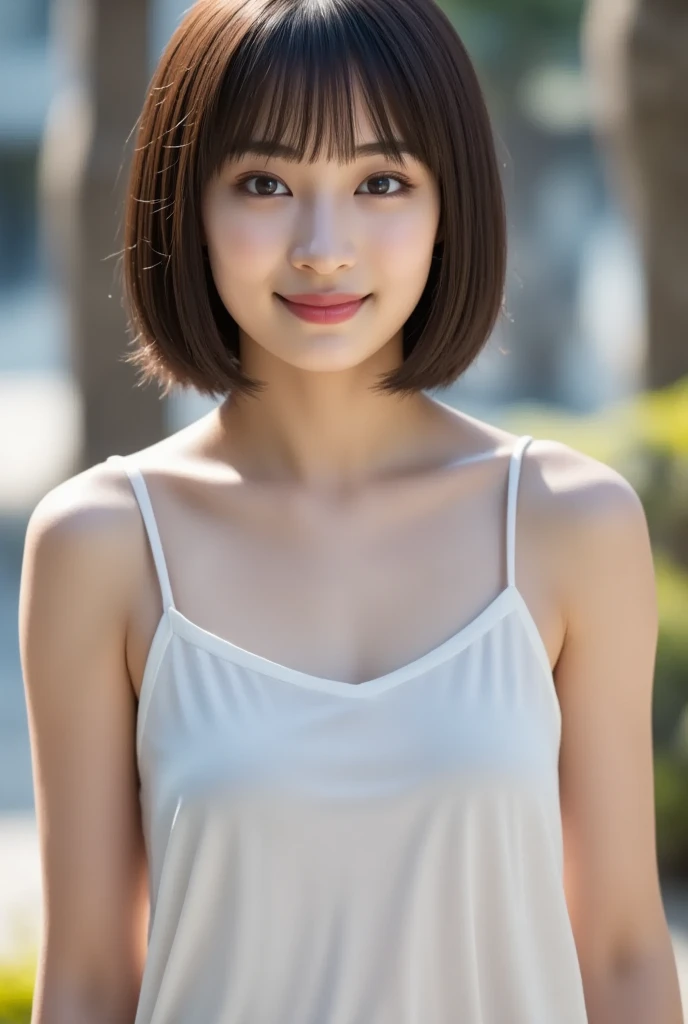 Japanese women, Portraiture, Upper Body, light smile, Medium Hair, nude, Warm tones, Urban Background, Industrial Building, photograph, Simplicity, High resolution, Natural Makeup, Young people, Fujifilm XT3, Canon R5, Fujicolor Fujichrome Velvia 100,smile,short hair、Upper Bodyのphotograph、