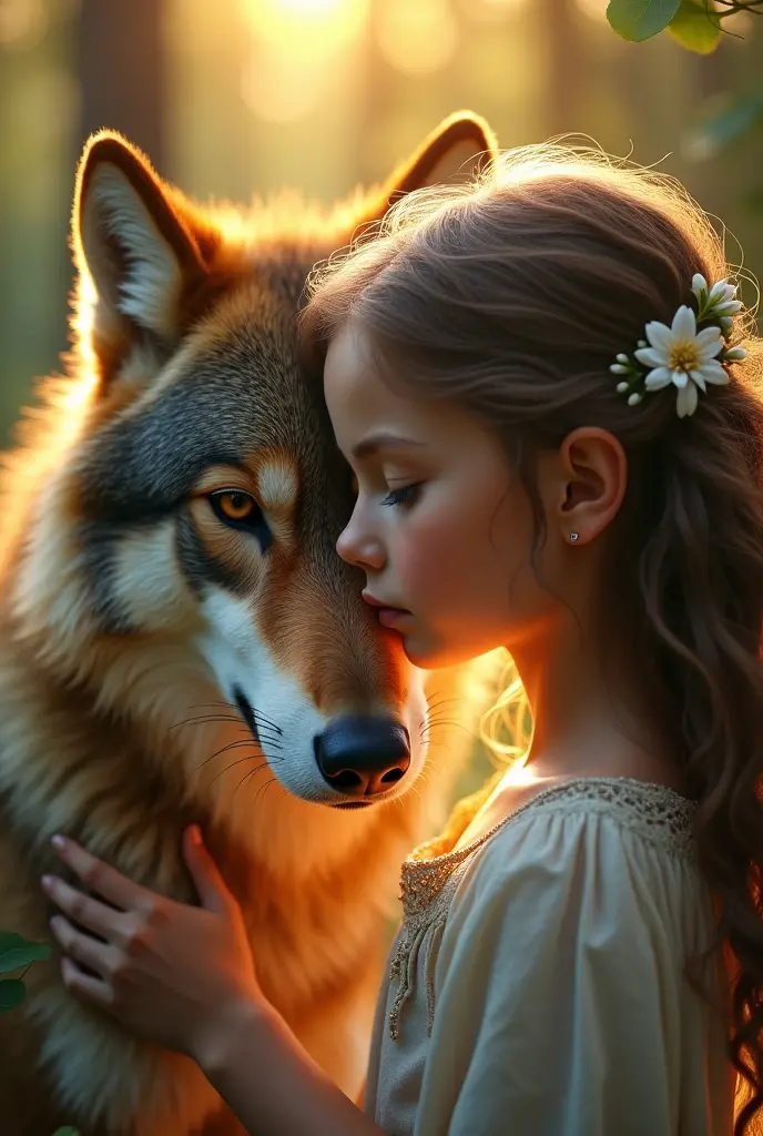 A sixteen year old girl, blonde with curly hair, next to her animal wolf version.
