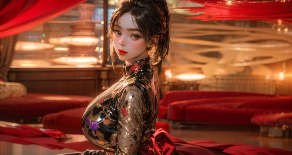 Asian women, dressed in black posing in the style of Xiaofei Yue's glamorous pin-ups, exude a soft, dream-like quality. The scene is set against a backdrop of aurorapunk with silver and black accents. The women's features are illuminated by soft light, leaving their porcelain skin looking flawless in the 8K Octane render. The hyper detailed and ultra photorealistic illustration captures every intricate curve and line, emphasizing the hyper realistic beauty of these stunning women. The dream-like atmosphere is further enhanced by the cinematic presentation, featuring cinematic lighting and lens flares, adding depth and dimension to this