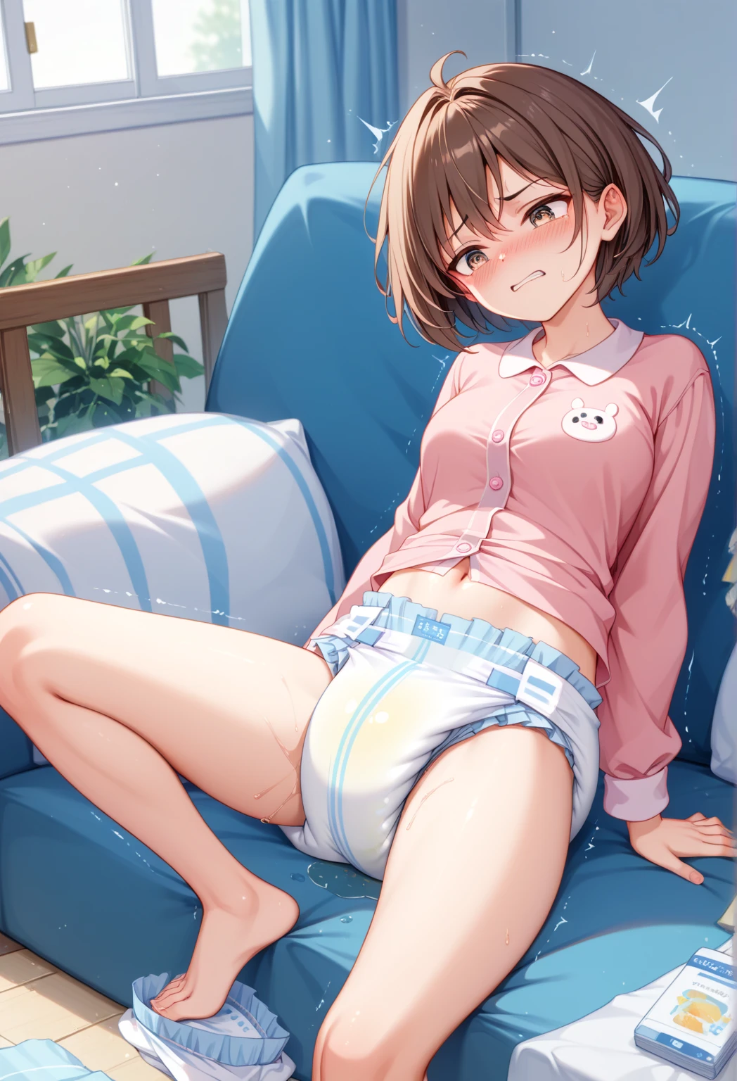 Best Quality, masterpiece, ((Solo, 1girl)), misaka Mikoto, Short hair, fine detailed shiny eyes, small chest, high resolution, best lighting, extremely detailed illustrations, blush, embarrassed, smile, open mouth, Realistic white panties, crotch seam, cameltoe, window, day, on bed, NSFW, loli, pantyshot, Spread legs, t-shirt, no skirt, no shorts, stained panty crotch