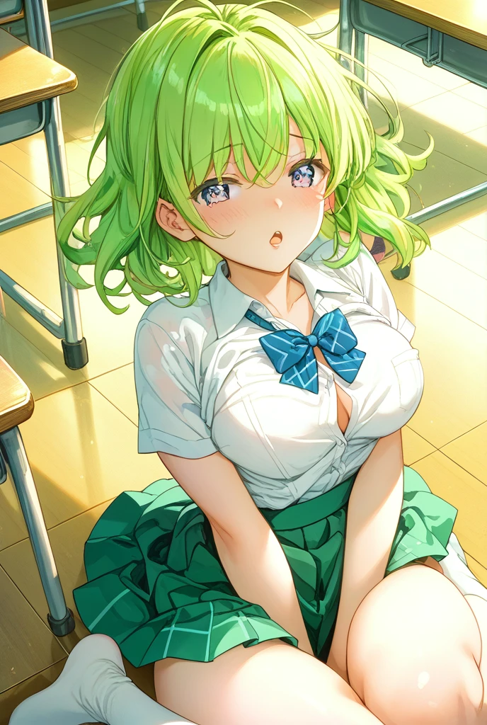masterpiece, highest quality, Super detailed, 1 girl, Mion Sonozaki, green hair, green eyes, ponytail, surprise、blush、open your mouth、white shirt,The chest is open、I can see your chest、I can see your bra, yellow vest, red mini skirt、thighs、full body shot、Beautiful bra、cute panties、classroom