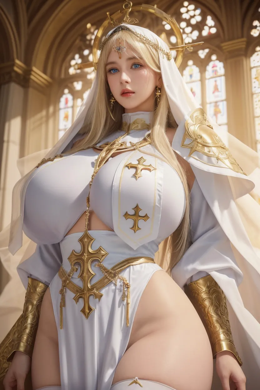 ultra detailed 8k cg, ultra realitsic, masterpiece, spotlight, royal palace, cinematic lighting, cinematic bloom, professional photography, absurdly long hair, very long hair, white hair, divine goddess, huge breasts, breasts out, queen, gorgeous female, lace, lace trim, lace-trimmed legwear, thighhighs, elbow gloves, pearl necklace, gold, jewelry, shiny, glint, diamonds, looking at viewer, serious, formal, epic, grand curtains, indoors, , ((Squating on throne chair:2, two knees up))