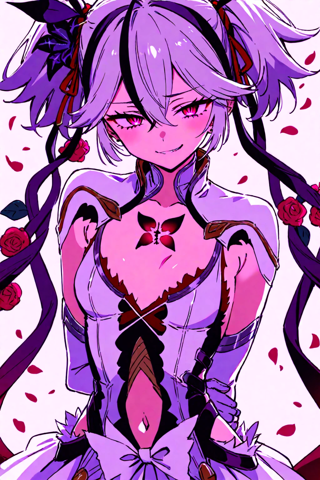 (((male))), slim body, (((flat chest))), (((wearing fantasy clothes))), fantasy style, (light pink colored clothes), (white colored clothes), gold details, cute outfit, (((cracks in skin))), (cracking skin), ((black scars))