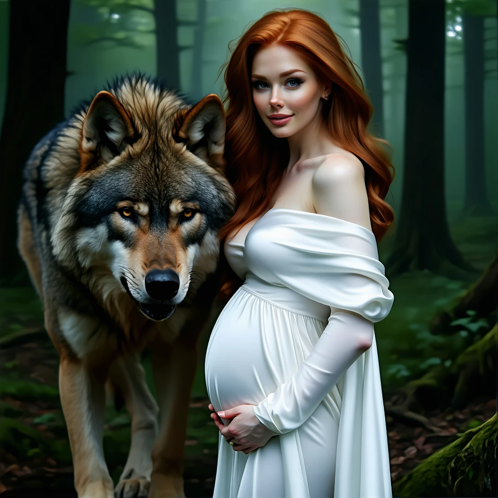 Accidentally pregnant by an alpha (wolf werewolf man black wolf big green eyes) an extremely handsome man with a defined body and green eyes with short black hair furious with predators who come close to his pregnant mate a beautiful woman with strawberry blonde hair and amber eyes wearing a white dress somewhere 