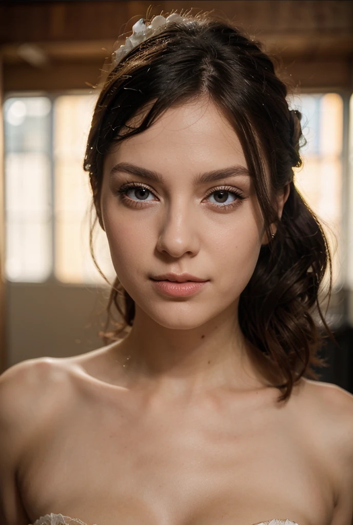 Pretty Lady,, dark make-up, Hyper detailed photography, smooth light, head and breast portrait, cover,, best quality, (detailed beautiful face, detail skin texture, ultra-detailed body:1.1) brown hair, Hazel Eyes 18 Years Teen,  naked, fit and athletic, muscular thighs, feeling satisfied 