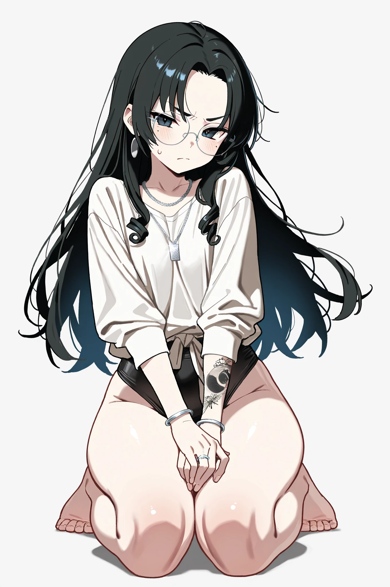 A 20-year-old cat girl with long black hair, gray eyes, cat ears and a cat tail, wears glasses, a black evening dress that reaches to her feet, showing her butt.