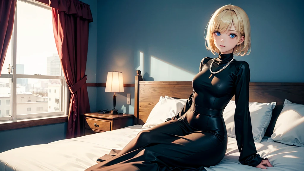 Woman in black suit、slender skirt、Blonde short bob、Black stockings、Blue eyes、Black High Heels、no panties,no bra,pussy juice,(dildo in the vagina),(pussy juice)、embarassed face、red blush、Teary-eyed、on the beds、Solo、dildo in the vagina,(dildo in the vagina)、(chains)、(SM with chain)、(Restraint of SM play)、(SM Play)