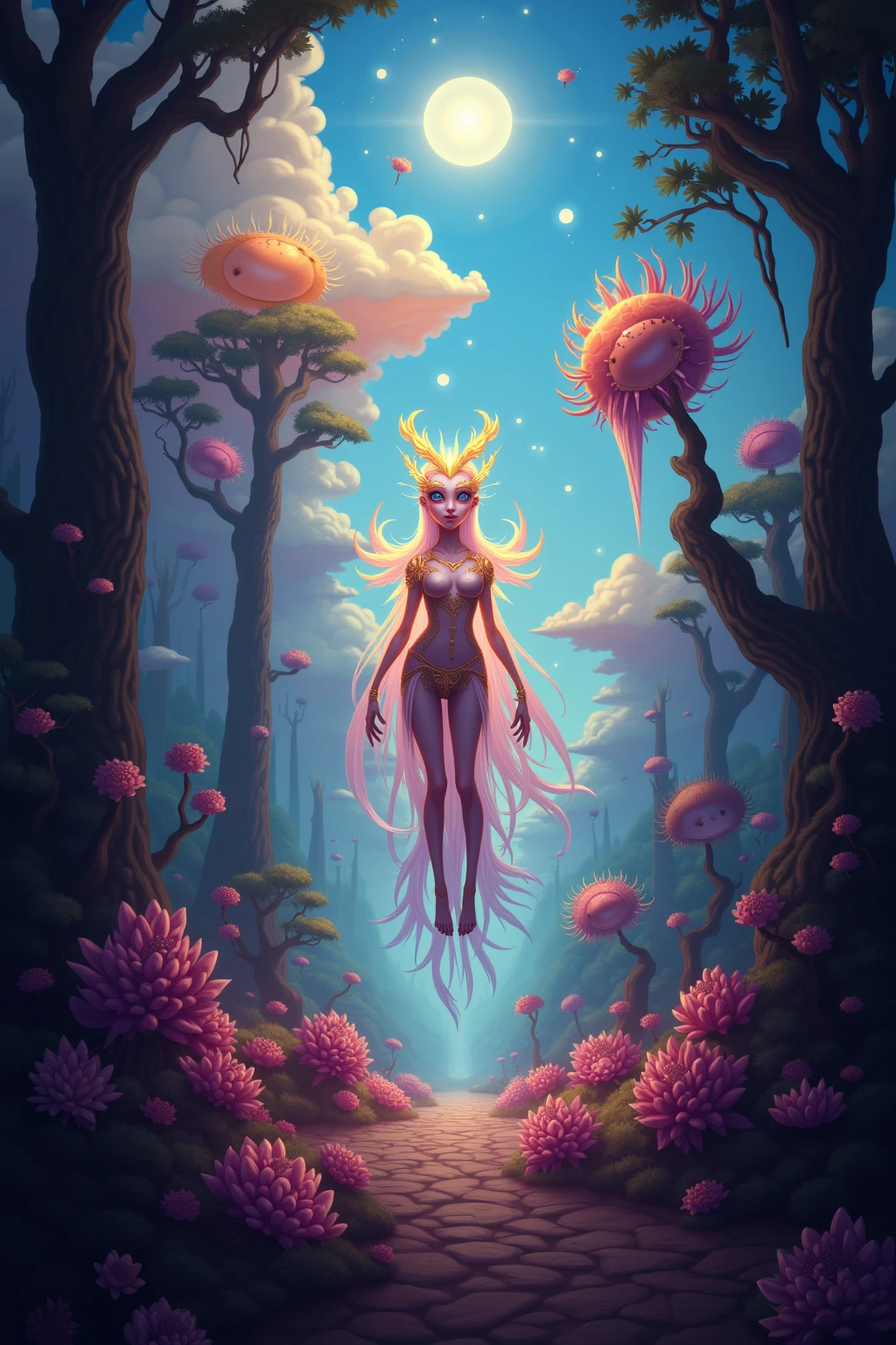 a beautiful nude 20 year old blonde woman with big messy hair, reaching for a glowing mushroom, sitting on a giant glowing mushroom, fantasy art style, cartoon vibrant, cute detailed digital art, colorful digital fantasy art, digital fantasy art ), glossy digital painting, pastel vibrant