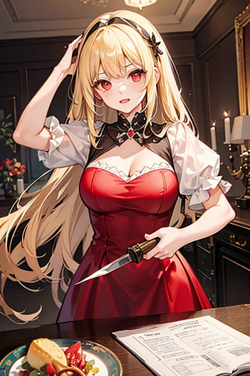 ((best quality)), ((masterpiece)), (detailed), perfect facebrandish a knife、cute、Mine girl, blonde、Black bikini、 tattoo、Clean、Blood、