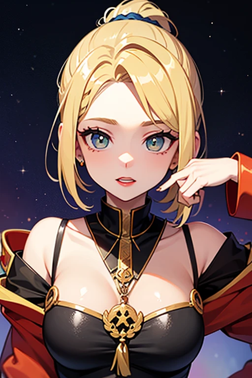 (masterpiece, best quality, ultra detailed, absurdres)1.5, 1girl, (sexy, beautiful woman, perfect face, perfect eyes, perfect female body)1.5, (, wavy hair, long hair, blonde hair, red eyes, mature female, milf, v-shaped eyebrows, red lips, extremely detailed clothes, smile, red elbow gloves, red thigh boots, red impossible clothes, red/black cape,very detailed, depth of fields。Create depth with atmospheric lighting,wide wide shot,detail,（Hyper-detailing）,（Complicated details）,（High resolution CGI artwork 8k),space, lens flare, mechas,AliciaViewstream,