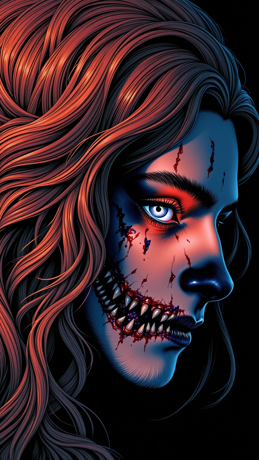 masterpiece, best quality, 1girl, undead, exposed brain, zombie, rotten body, gore, blood, incoming attack, veins, veiny breasts, mutilation, broken teeth, mutation, split mouth, injured eye
<lora:detailSliderALT2:2.5> <lora:age_slider_v6:-1> <lora:GoodHands-vanilla:1.2> <lora:emotion_happy_slider_v1:0>, low-key lighting, dimly lit, abandoned town