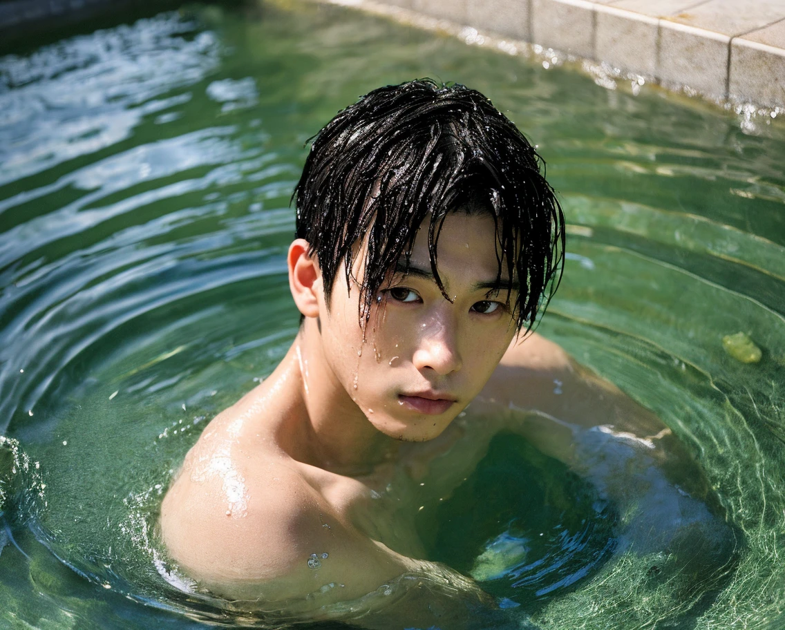 One boy、Beautiful Boy、18-year-old、Japan Boys、Black Hair、hot spring、soak,rock、sit、Half-body bath