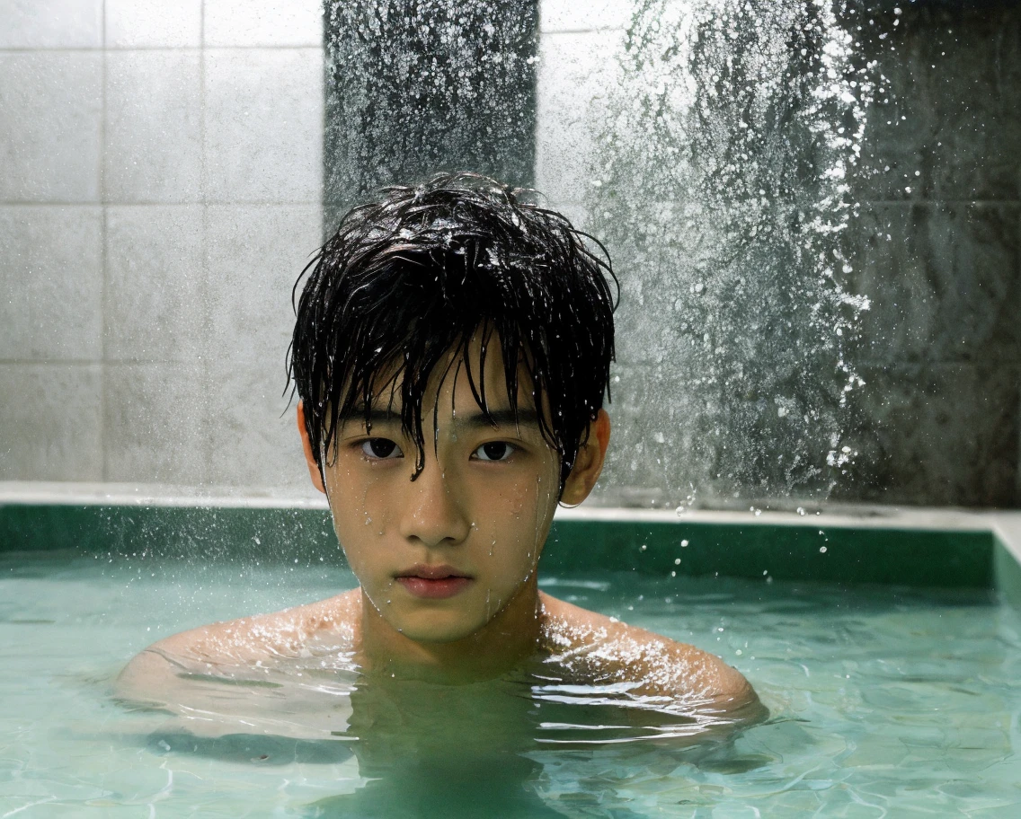 a tanned junior japanese high school boy, showering under the summer sky, extremely dark skinned, detailed face, beautiful eyes, orgasm face, ecstasy, naked, detailed muscles, detailed penis, water droplets, photorealistic, 8k, highly detailed, sun light,  high lighting, dazzling, warm color tones, soft shadows, dynamic pose, full body shot